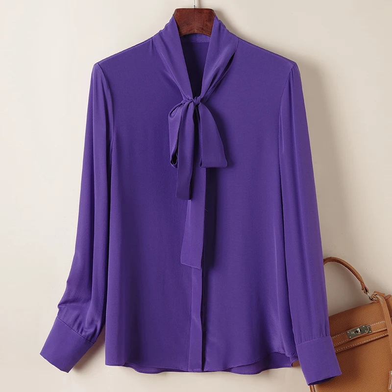 

Spring Summer Women's Solid Shirt Bow Long Sleeve Elegant Shirts Fashion Blouses Women Loose Tops Real Silk Office Lady Blouse