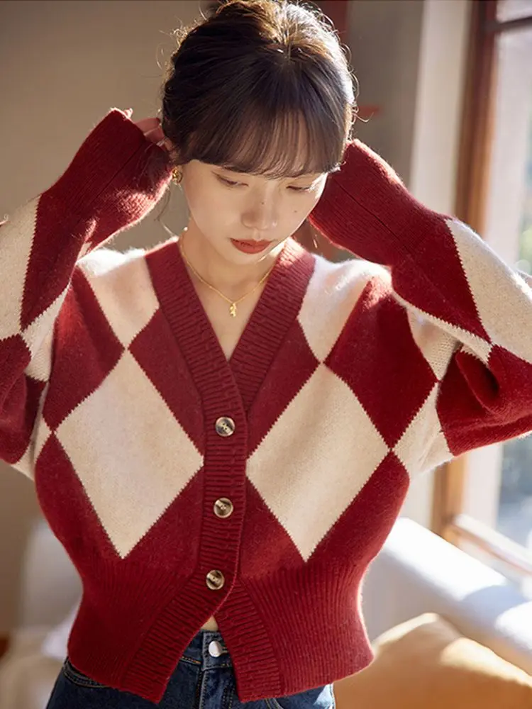 

Hikigawa Spring V Neck Women Sweater Coats Contrast Color Plaid Sweet Knitted Cardigan Vintage Long Sleeve Chic Fashion Jumpers