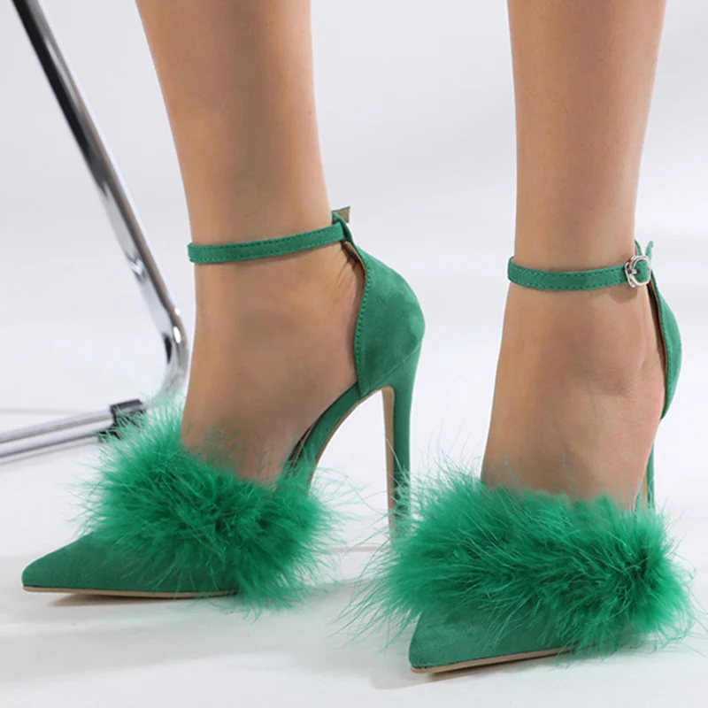 

Liyke 2023 New Sexy Pointed Toe High Heels Pumps Fashion Green Fluffy Feather Summer Stiletto Sandals Women Party Dress Shoes