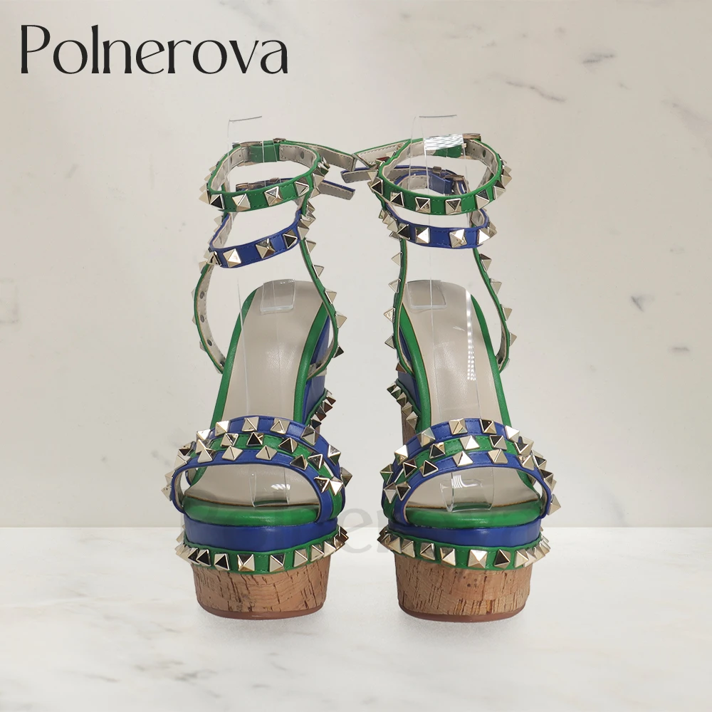 Wood Grain Wedge Rivet Sandals Blue Green Leather Buckle Summer Shoes Punk Fashion Style High Heels Platform Sandals for Women