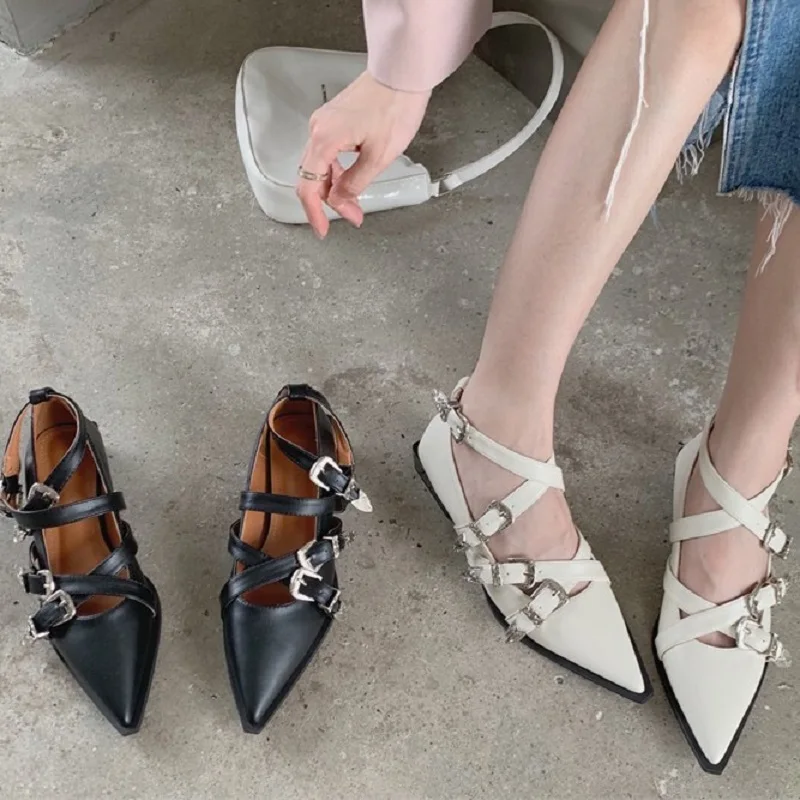 

Женские туфли на низком каблуке, европейский и американский стиль, заостренный носок, перекрестные, с закрытым носком, с ремешком и пряжкой