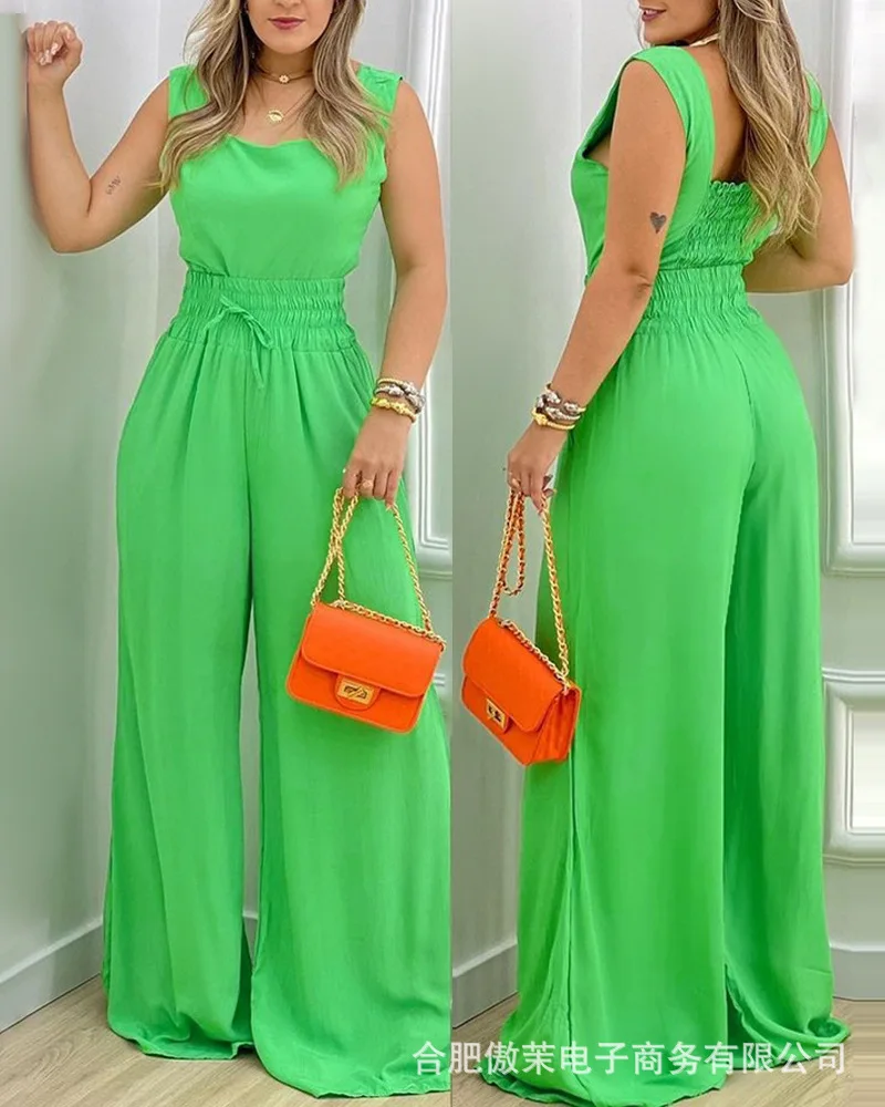 

Women's 2 Piece, Wide Leg Pants, Green Casual Suit, Summer Women's Clothing
