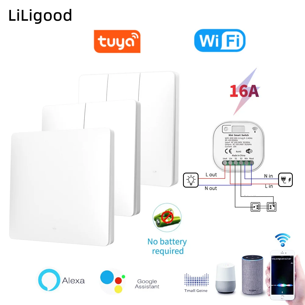 

LiLigood No Battery 1/2/3 Gang Kinetic Wireless Light Switch Alexa Google Home Intelligent Voice Control Tuya Wifi Smart Switch