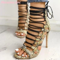 hottest snakeskin pattern women sandals open toe lace up patent%c2%a0leather cover heel black bandage fashion womens party shoes