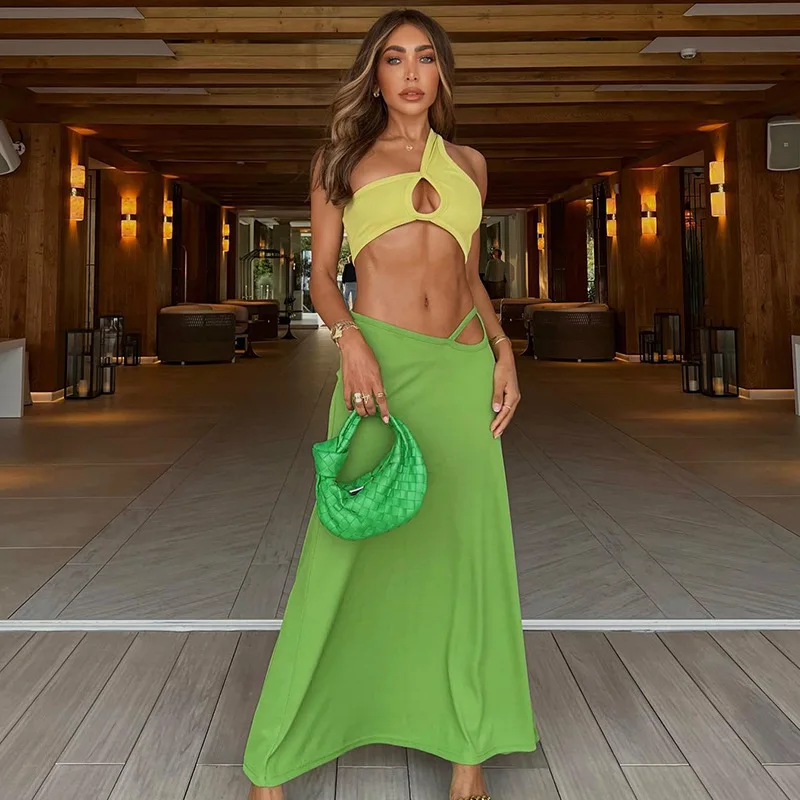 

2 Pieces Skirt Set Women One Shoulder Hollow Out Navel Crop Top Maxi Skirt Summer Contrast Casual Skirt Suit Beach Sundress New