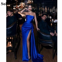 sodigne royal blue satin long prom dresses sexy strapless pleats side slit evening gowns women long party formal dress 2022