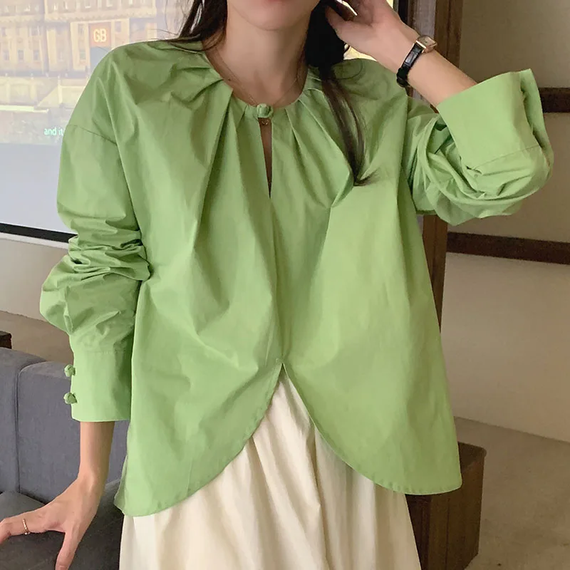 

Sweet Chic Blouses For Women Autumn Casual Long Sleeve O-Neck Puff Long Sleeve Femme Shirts Tops Korean Fashion Woman Blusas