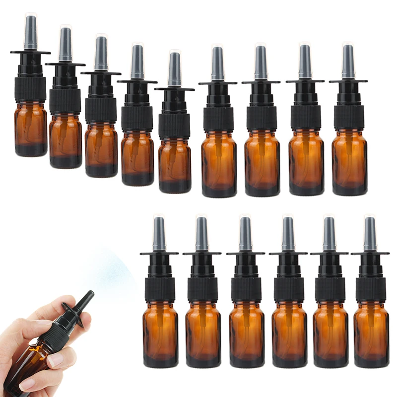 

8/15/24pcs 5ml 10ml Amber Nasal Spray Bottle Glass with Fine Nose Mist Sprayer Press Spray Head Empty Refillable Glass Bottles