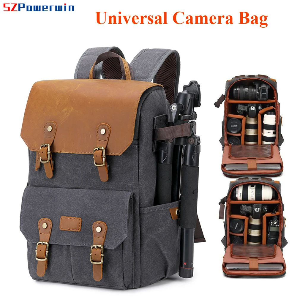 Powerwin Waterproof DSLR SLR Camera Bag Cavas Leather Anti-theft Backpack for Lens Drone Computer Tripod Monopod Flash Charger