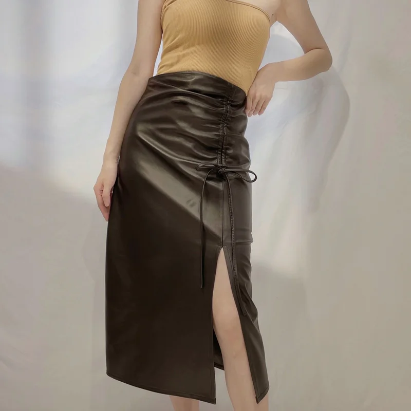 

New 2022 80cm Long Skirt For Women Version Real Leather Thin Split fork Jupe Lady Waist Pleated Drawstring Sexy