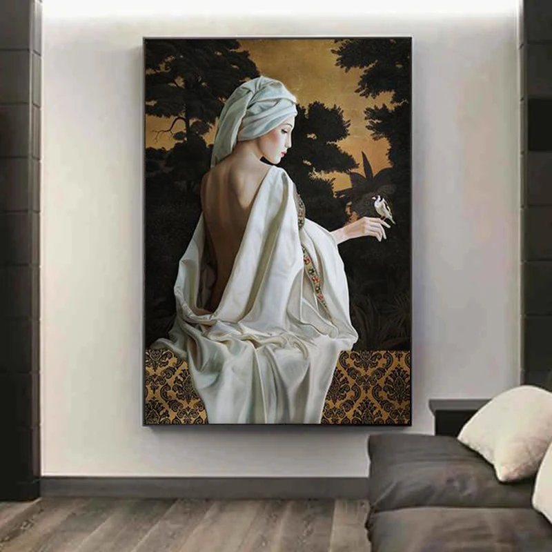 

Retro Nude Woman with Birds Forest Canvas Painting Custom Portrait Brown Poster Prints Wall Art Picture for Living Room Decor