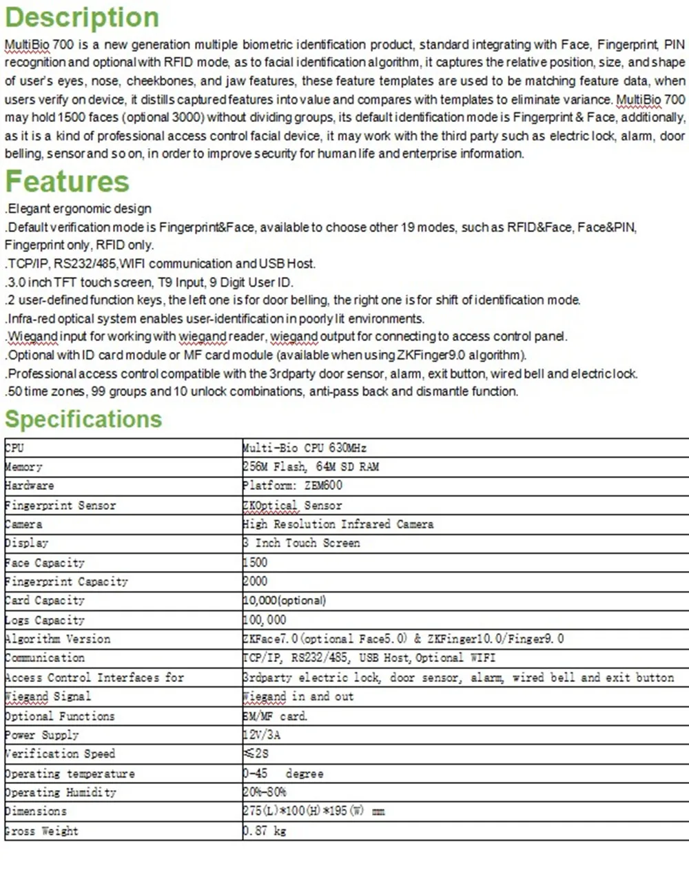 ZK MultiBio700/Iface7 TCP/IP USB Biometric Fingeprint Face Facial Recognition Door Access Control System Time Attendance Machine |