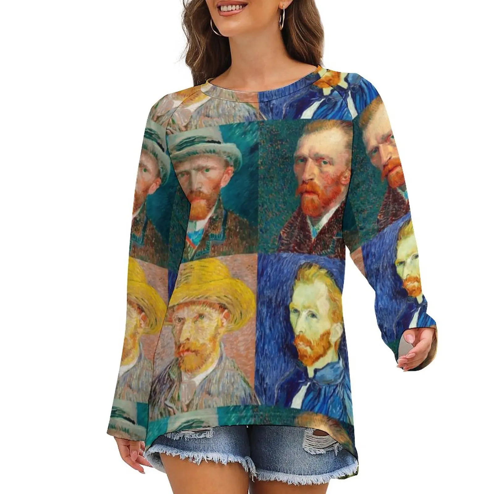 

Van Gogh T Shirt Self-Portrait Collage Simple Long Sleeve T Shirts Casual Oversized Tee Shirt Women Printed Tops Birthday Gift