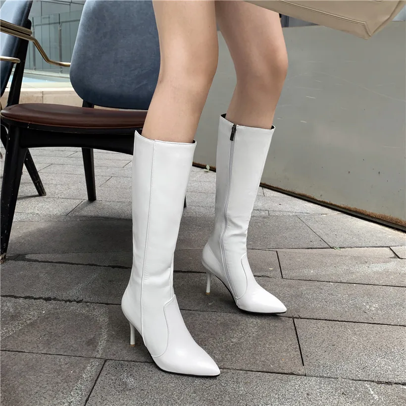 Big Size Women Knee High Boots Black White PU Thin Stiletto Heel Sexy Club Party Office Lady Pointed Toe Plush Zipper Long Boots