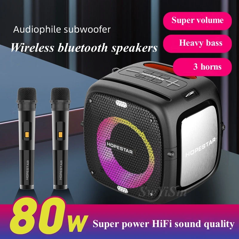 

HOPESTAR 80W High Power Outdoor Home Karaoke Party RGB Light Portable Wireless Bluetooth Speaker Box Stereo With Dual Microphone