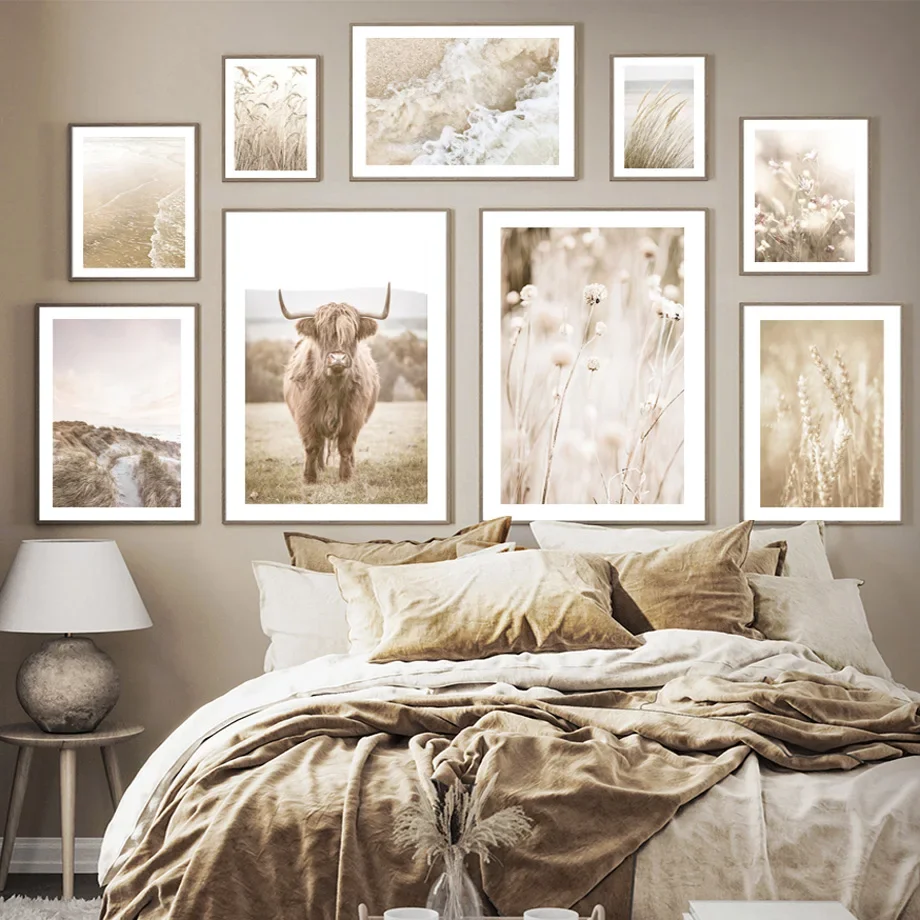 Фон для фотографий Корова Пшеница скандинавский постер на холсте с волнами