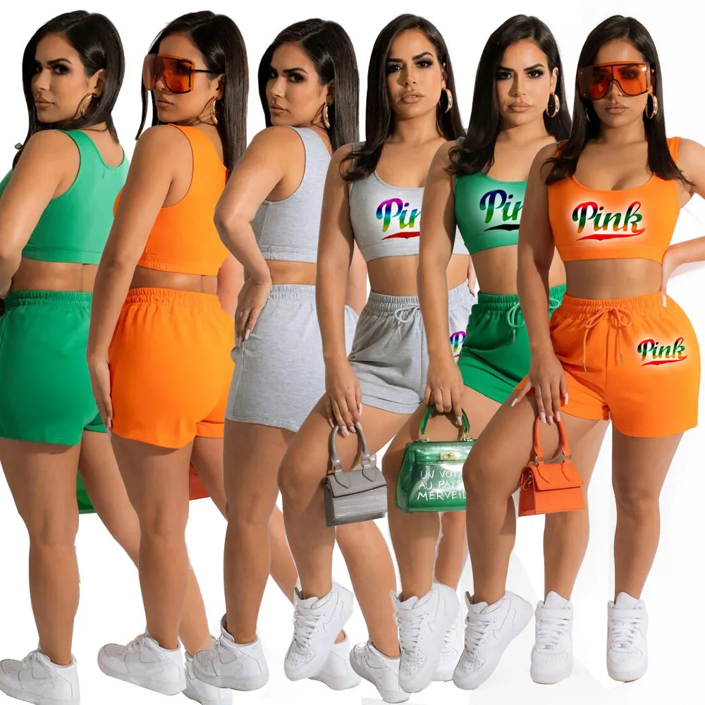 

8CQ163 2022 New Sexy Outfits for Woman Fashion Summer Shorts Sets Gradient Letter Print Casual Tracksuit Women Two Piece Set