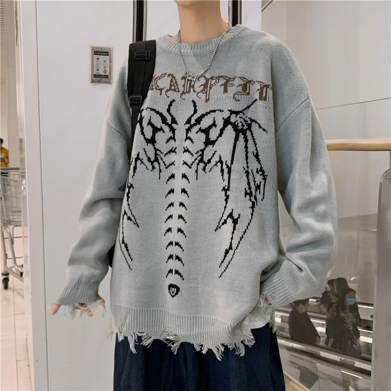 

Oversized Ripped Knitted Sweater Y2k Hip Hop Harajuku Skull Letter Printed Fashion Neutral Long Sleeves Casual Pullover Couples