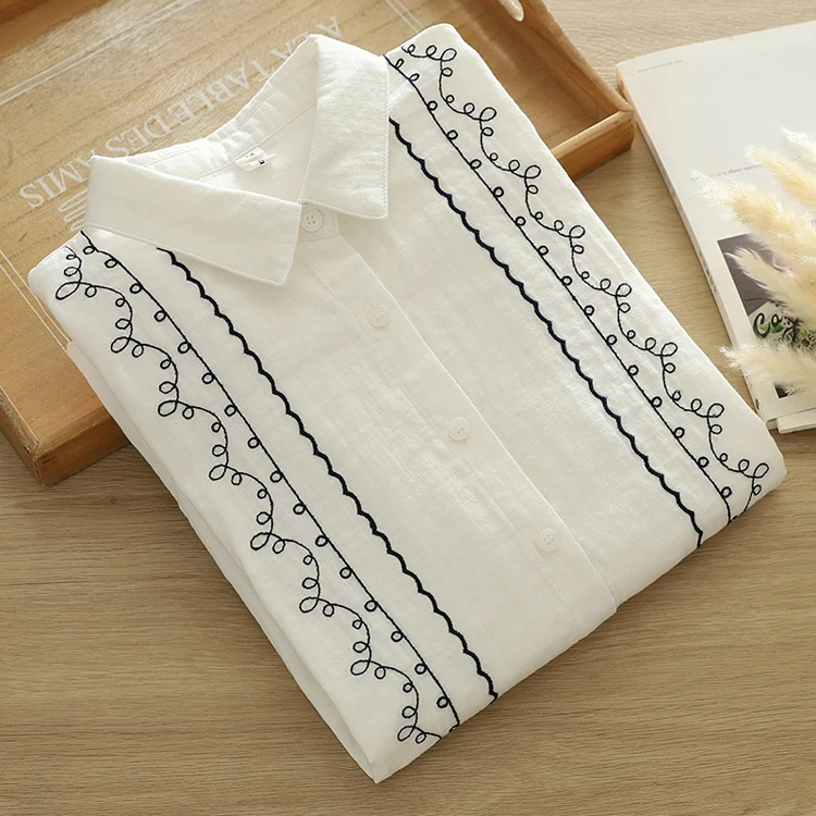 Блузка женская с вышивкой и длинным рукавом белый топ из 100% хлопка винтажная