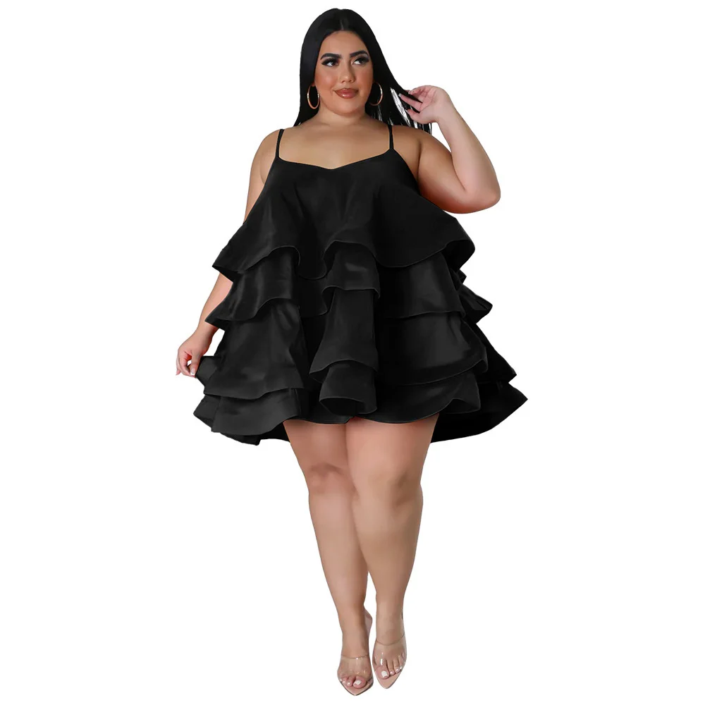 Fashion Plus Size Women Dresses Sexy Sleeveless Ruffle Adjustment Straps Solid Color Dress Large Size Female Elegant Dresses