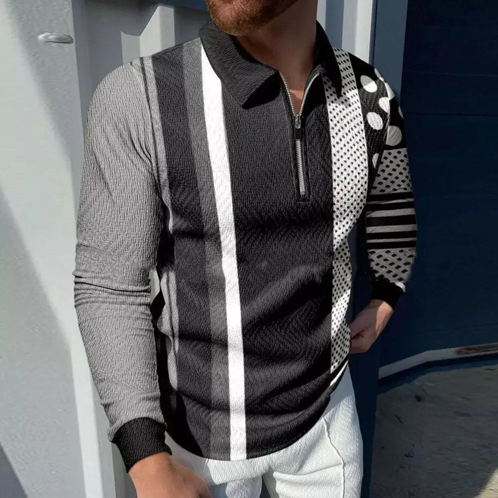 

2022 New Fashion Men Polo Shirts Sweater Zipper Closure Patchwork Turn-down Collar Long Sleeve Pullover Sweatshirt for Work