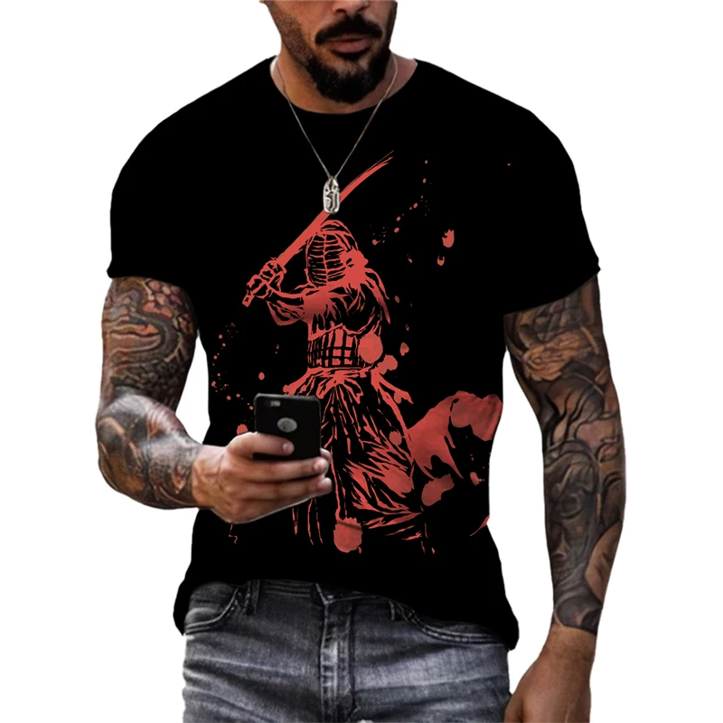 

Stylish Men's Personality Samurai Graphic T-shirt Fashion Casual Tough Guy Muscle Street Style Printed O-collar Comfortable Top