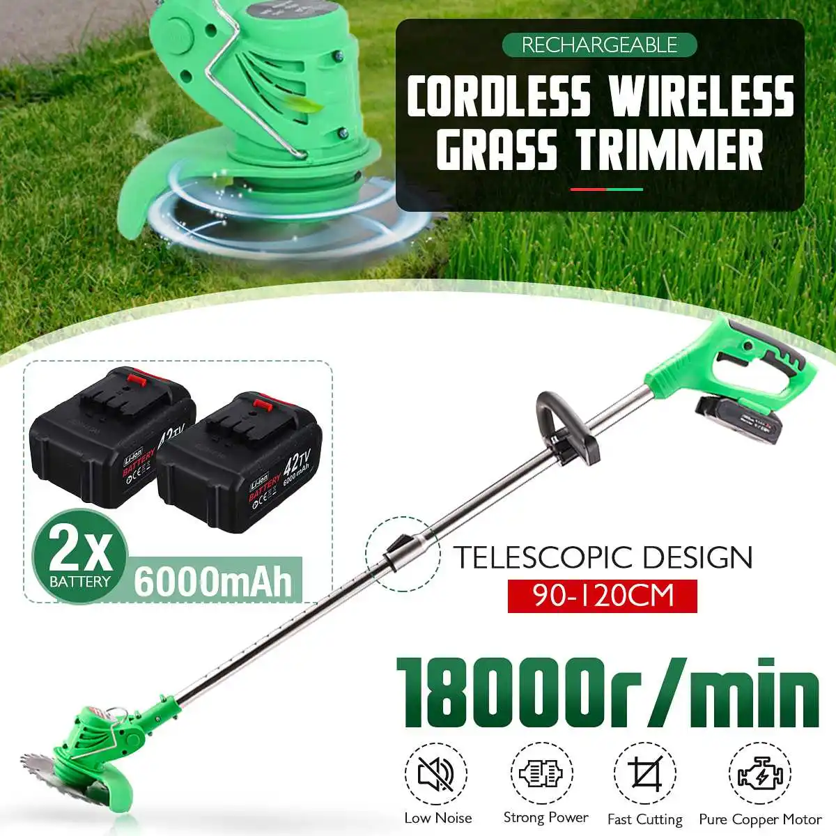 42V Electric Grass Trimmer 18000RPM Cordless Lawn Mower Hedge Trimmer Adjustable Garden Power Pruning With 6000mah Battery