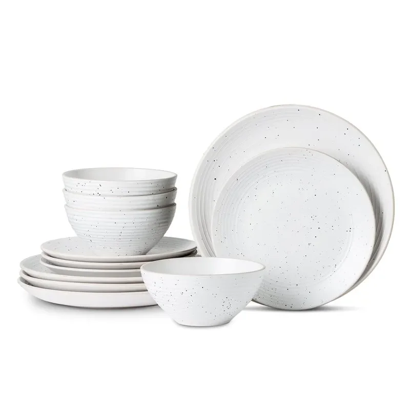 Lorie Stoneware 12-Piece Round Dinnerware Set, RB, Off White