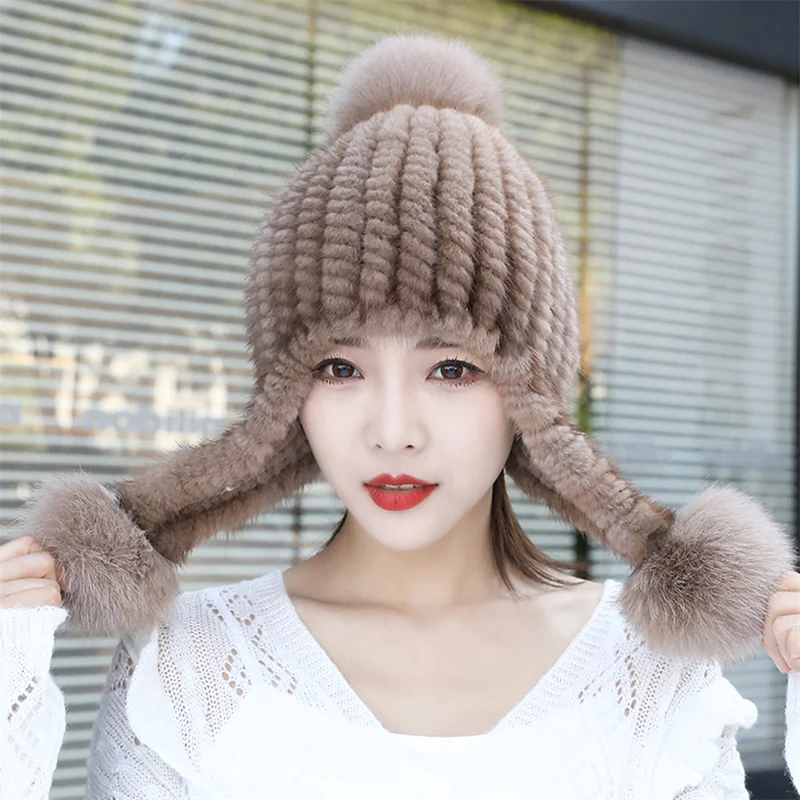 Real Mink Hat 2023 New Women's Hat Knitted Natural Mink Bonnet Winter Windproof Snow Protection Premium Fiuffy Mink Bonnet