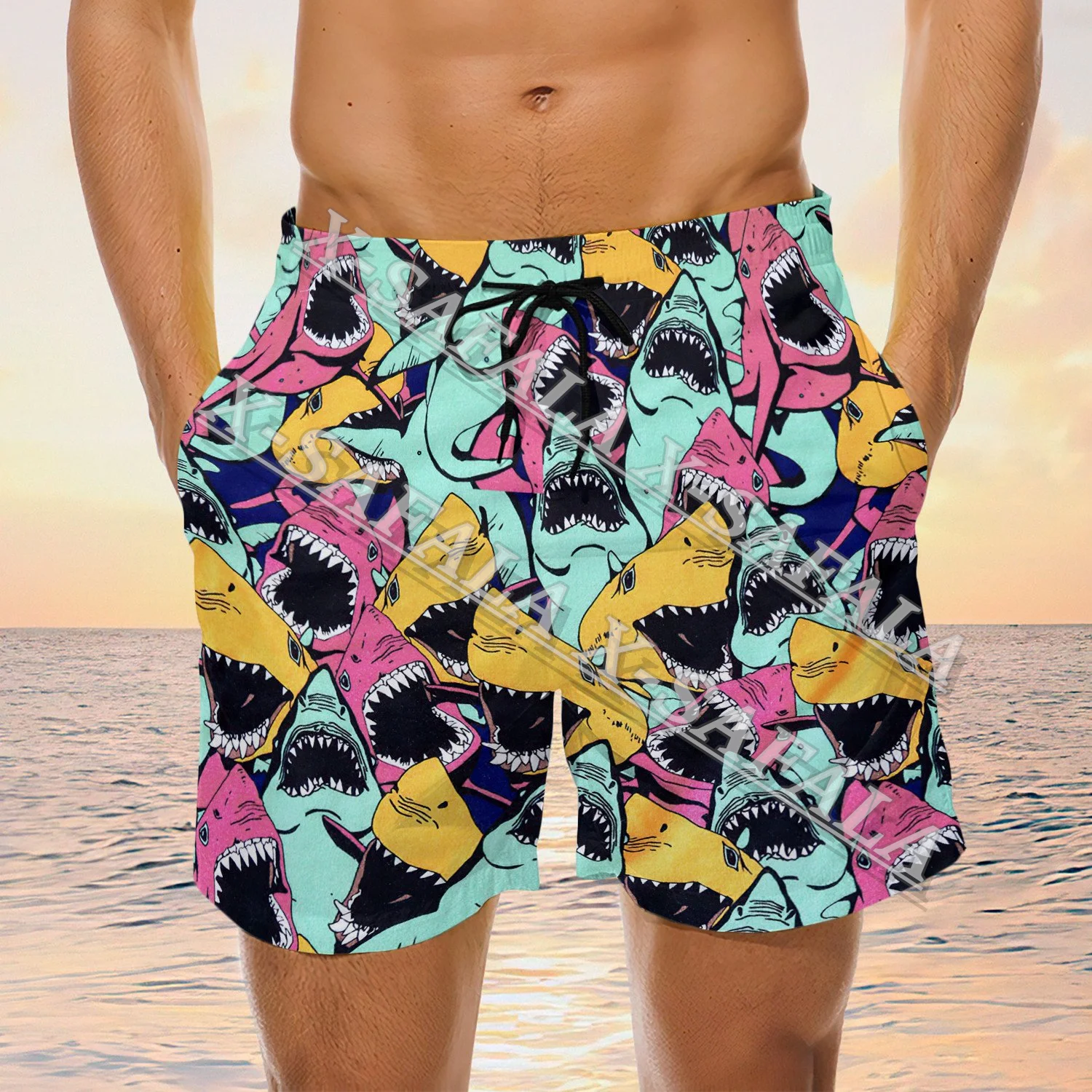 

Бесшовные шорты для плавания с аквалангом и морским дном Акула, летние пляжные праздничные шорты, мужские штаны для плавания, спортивные шорты до середины икры-3