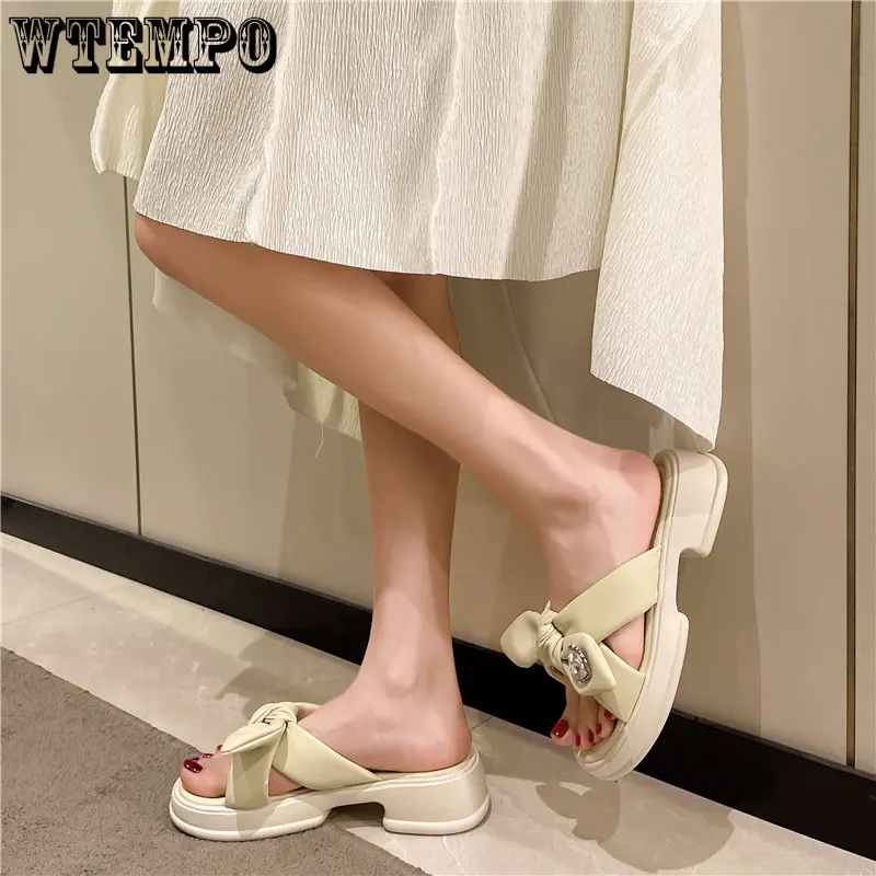 WTEMPO Summer Sandals Ladies Temperament Bow Knot Thick Bottom Slippers Platform Casual Beach Home Wear One Word Drag Wholesale
