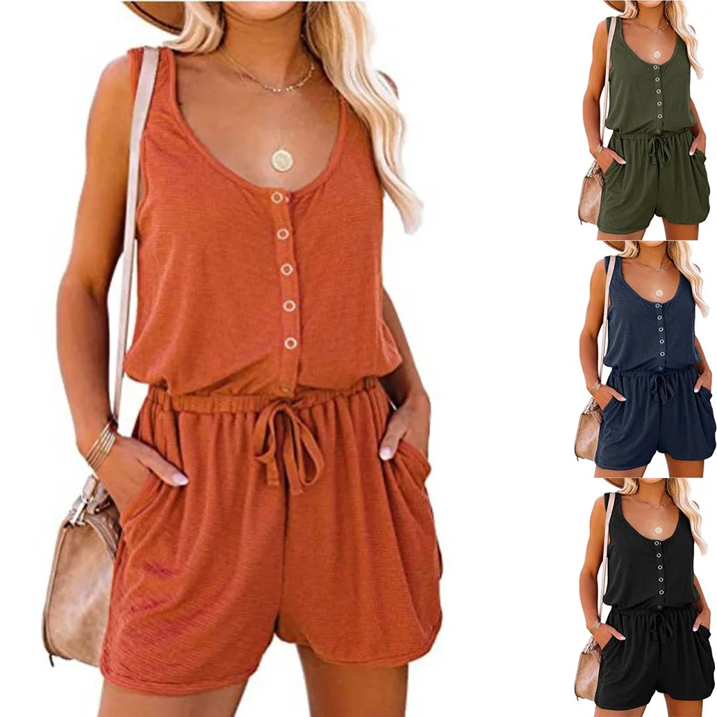 

New Summer Women Casual Loose Button Bow Fashion Plus Sizes Sexy Strap Camis Elegant Shorts Sport Jumpsuits