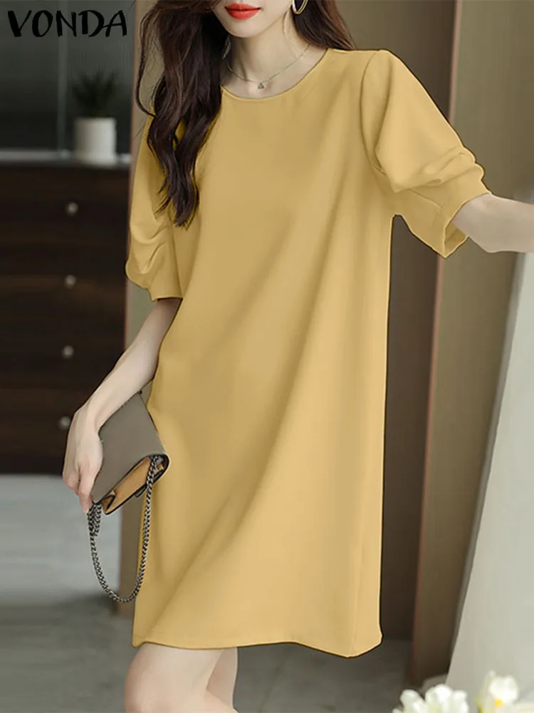 

Women Summer Short Sleeve Dress 2023 VONDA Fashion Elegant Solid Color Mini Sundress Holiday Casual Loose Vestidos Robe Femme