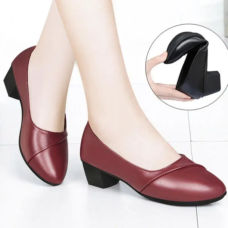 Women Mid Heel Single Shoes Office Lady Pumps PU Leather Black Basic Square Heeled Spring Autumn Loafers Female Zapatos