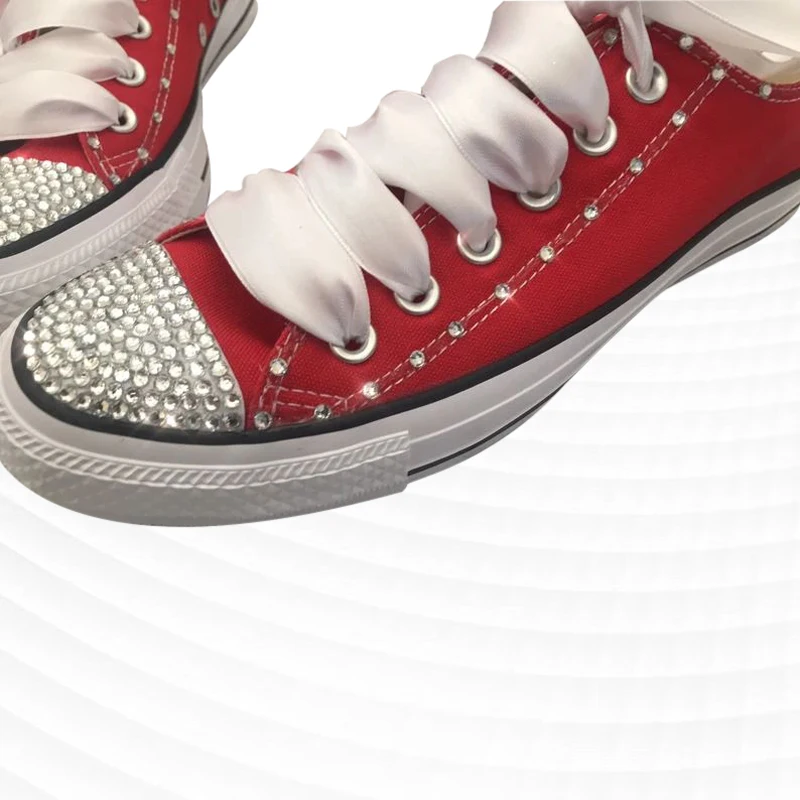 

Low-top red canvas shoes rhinestone white ribbon walking comfortable and breathable handmade rhinestone vulcanized shoes 35-46