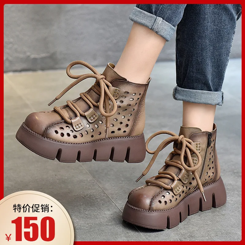 

Thick Bottom Hollow out 2022 spring and summer style breathable short, boots leather retro woman