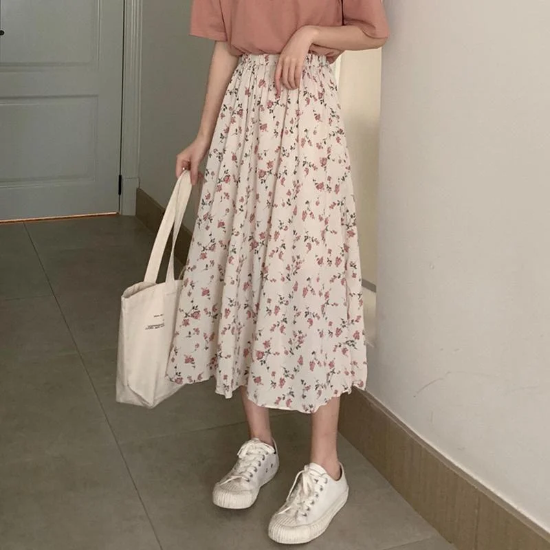 

Women Floral Skirt A Line Fairy Flower Long Student Skirts