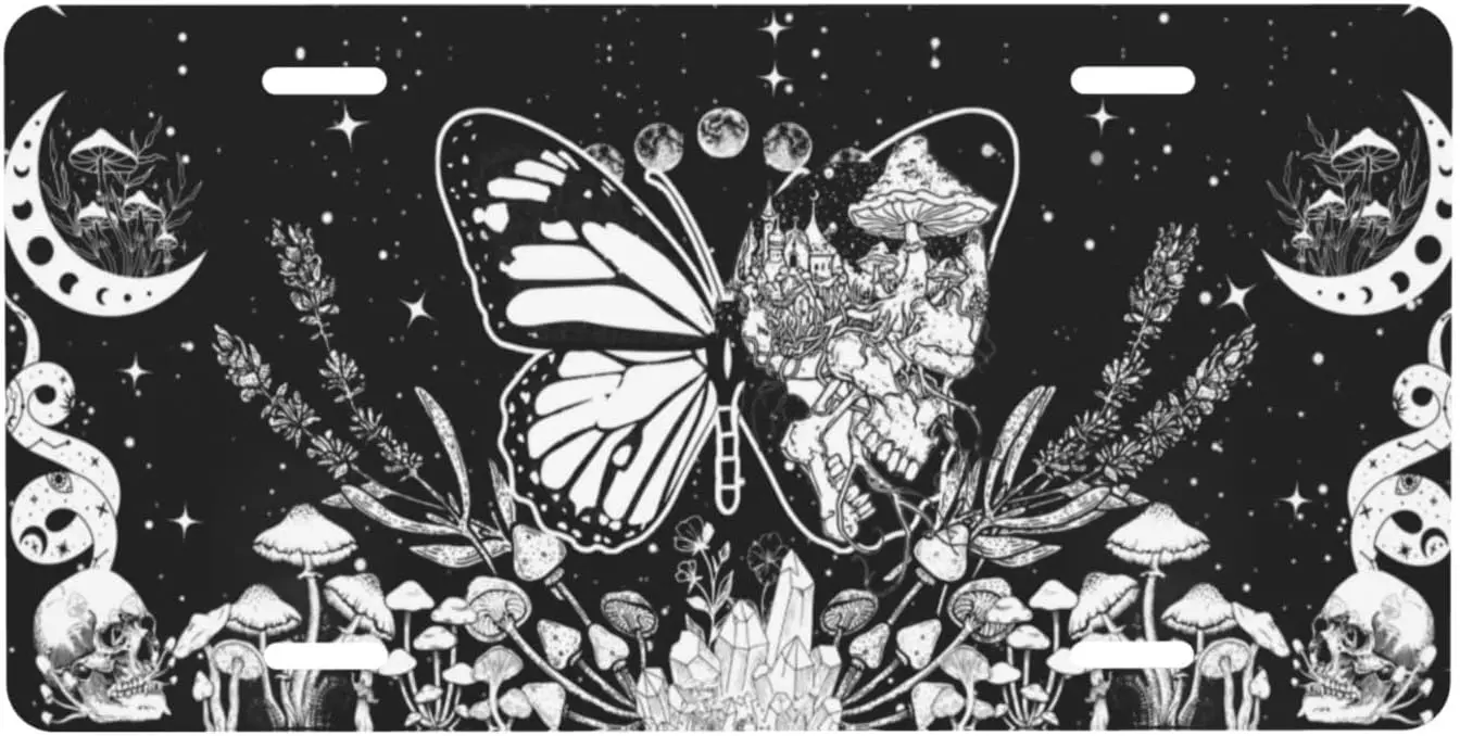 

Black Skull Mushroom Yellow Butterfly Moth Moon Stars Snake Aluminum License Plate Car Front License Plate Cover with 4 Holes