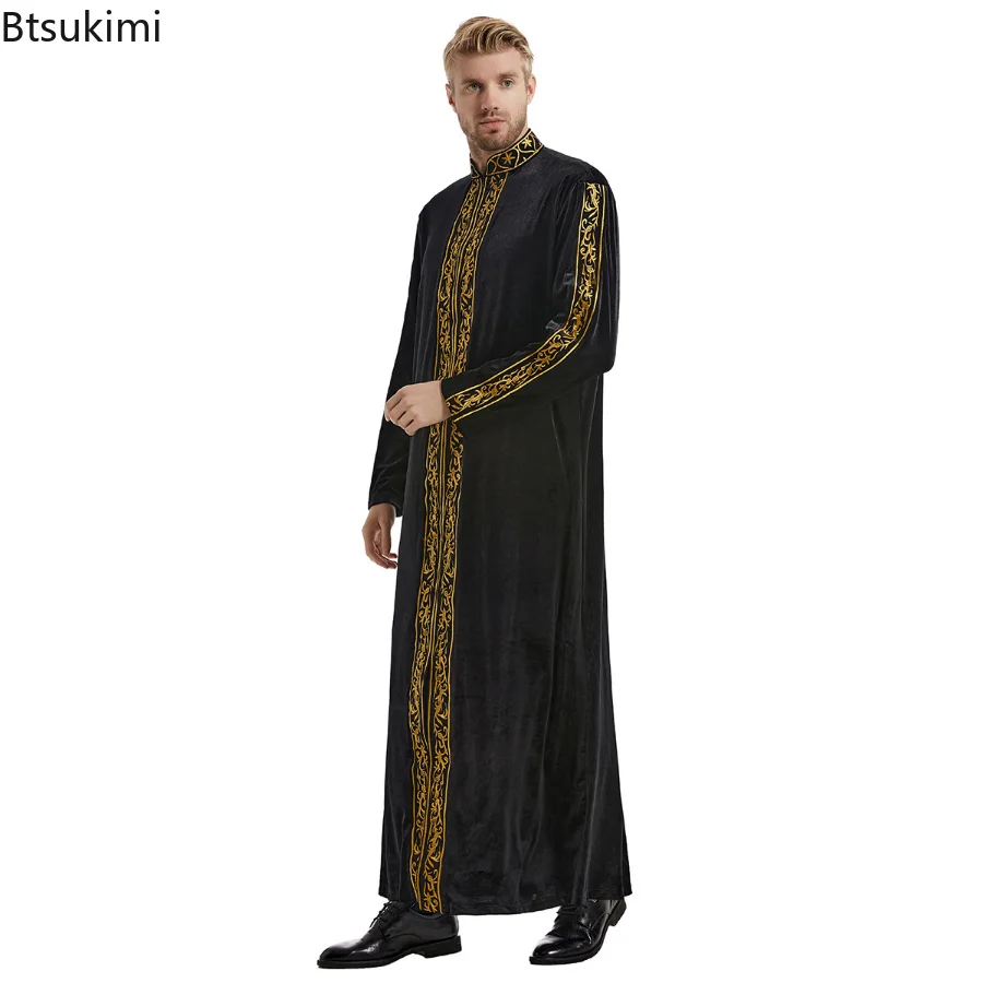 Middle East Gold Velvet Embroidery Muslim Men's Robe Arabian Islamic Prayer Dress National Costume Noble Luxury Long-sleeved Top