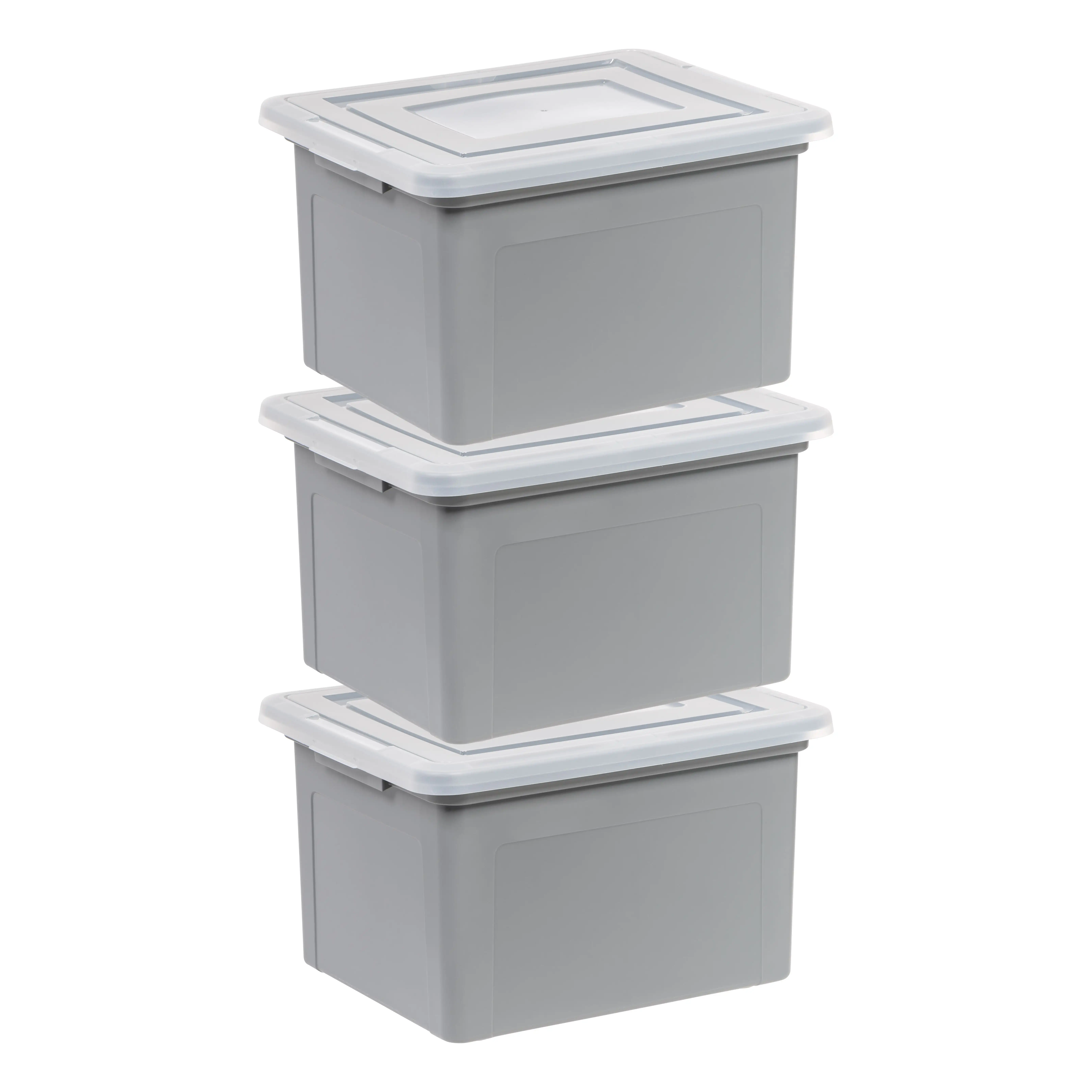 

USA, Plastic File Box, Gray Body, Clear Lid, Pack of 3