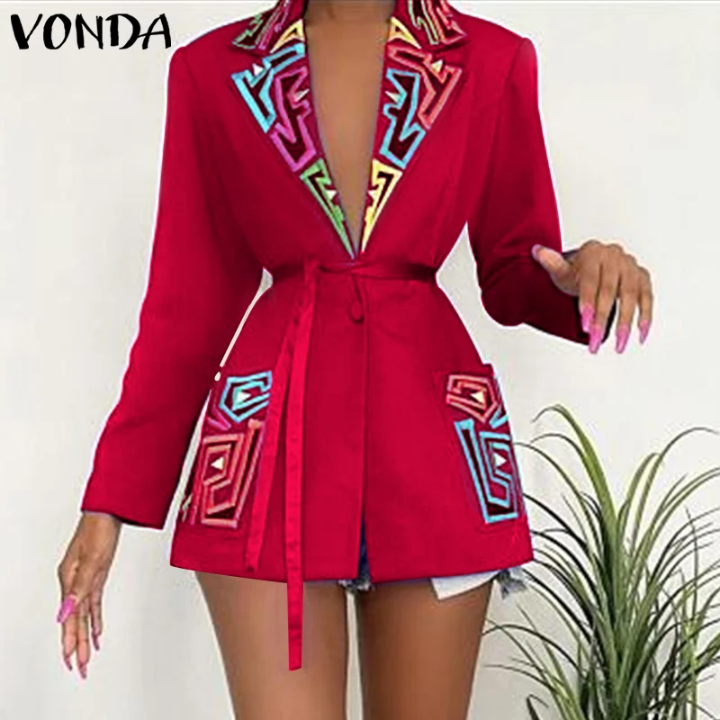 

Women Blazer Casual Lapel Collar Printed Long Sleeve Suits VONDA 2022 Pleated Tunic Casual Coats With Belt Veste Femme Outerwear