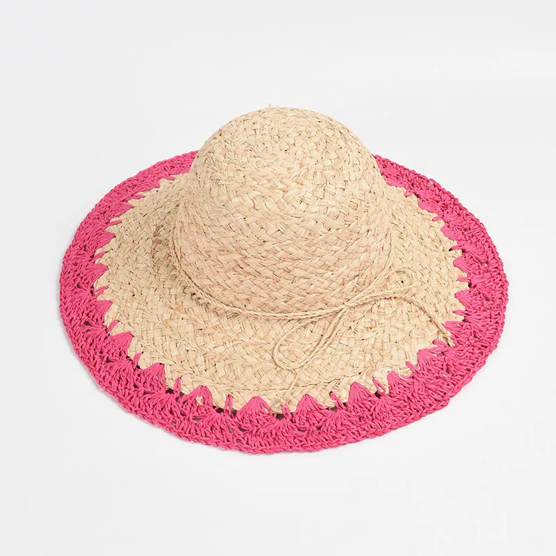 New Wide Brim Summer Hat for Women Flat Top Color Stitching Straw Hat Unisex Sun Hat Beach Hat Sun Protection Kentucky Derby Hat