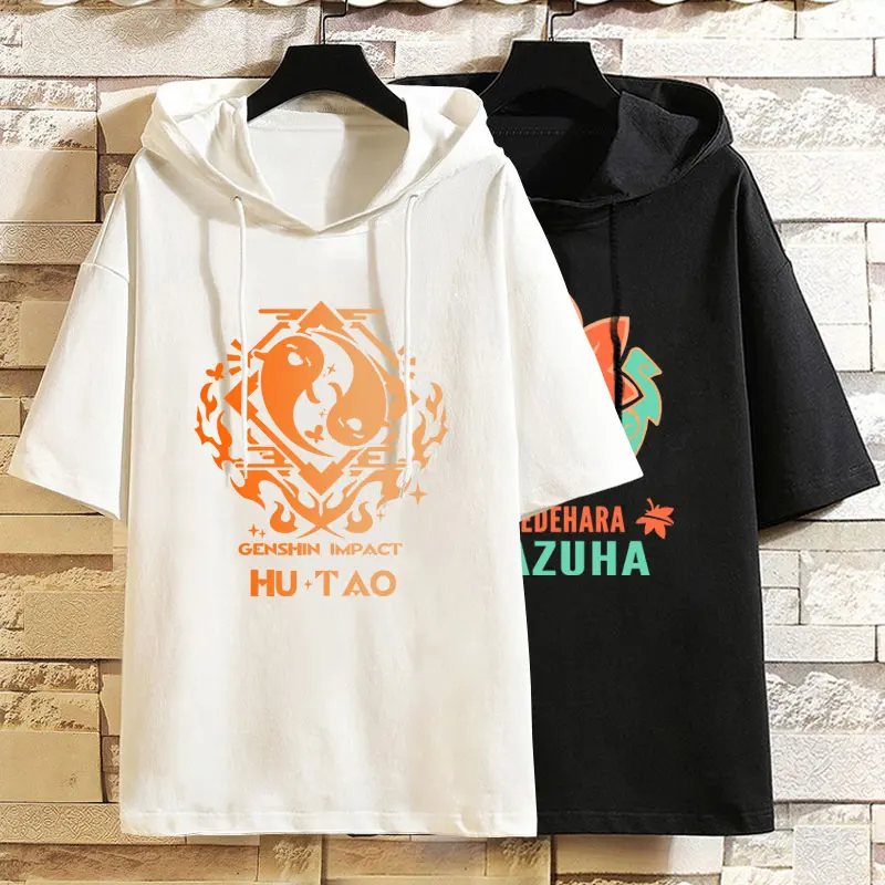 

Short Sleeve Hooded Genshin Impact T-shirt Summer Women Men's Clothing Hu Tao Kaedehara Kazuha Cosplay Cotton T Shirts Tees
