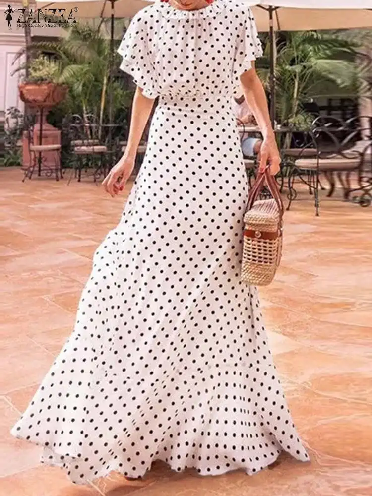 

Casual Party A Line Dresses Women 2022 Summer Swing Maxi Vestido Elegant Polka Dot Robe Longue ZANZEA Holiday Flare Sleeve Dress