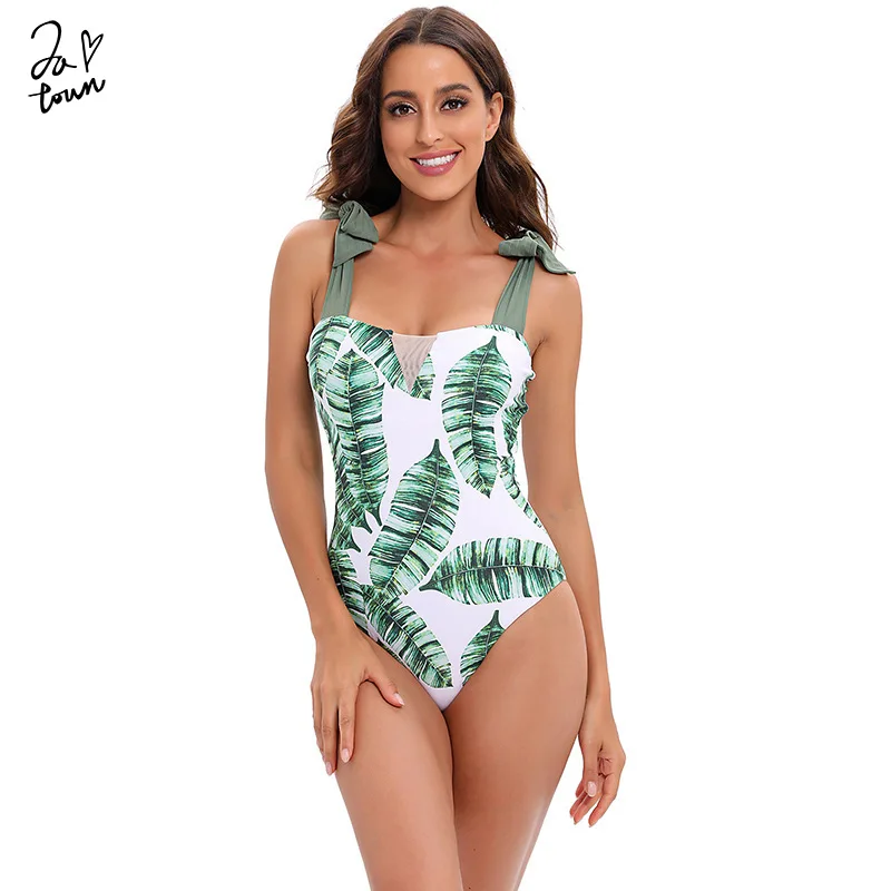 Купи Sexy Leaf Print Swimsuit Women One Piece Swimwear Lace Up Swimsuit Push Up 1 Piece Strap Bikini Swimwear Women Sexy Bath Suit за 1,330 рублей в магазине AliExpress