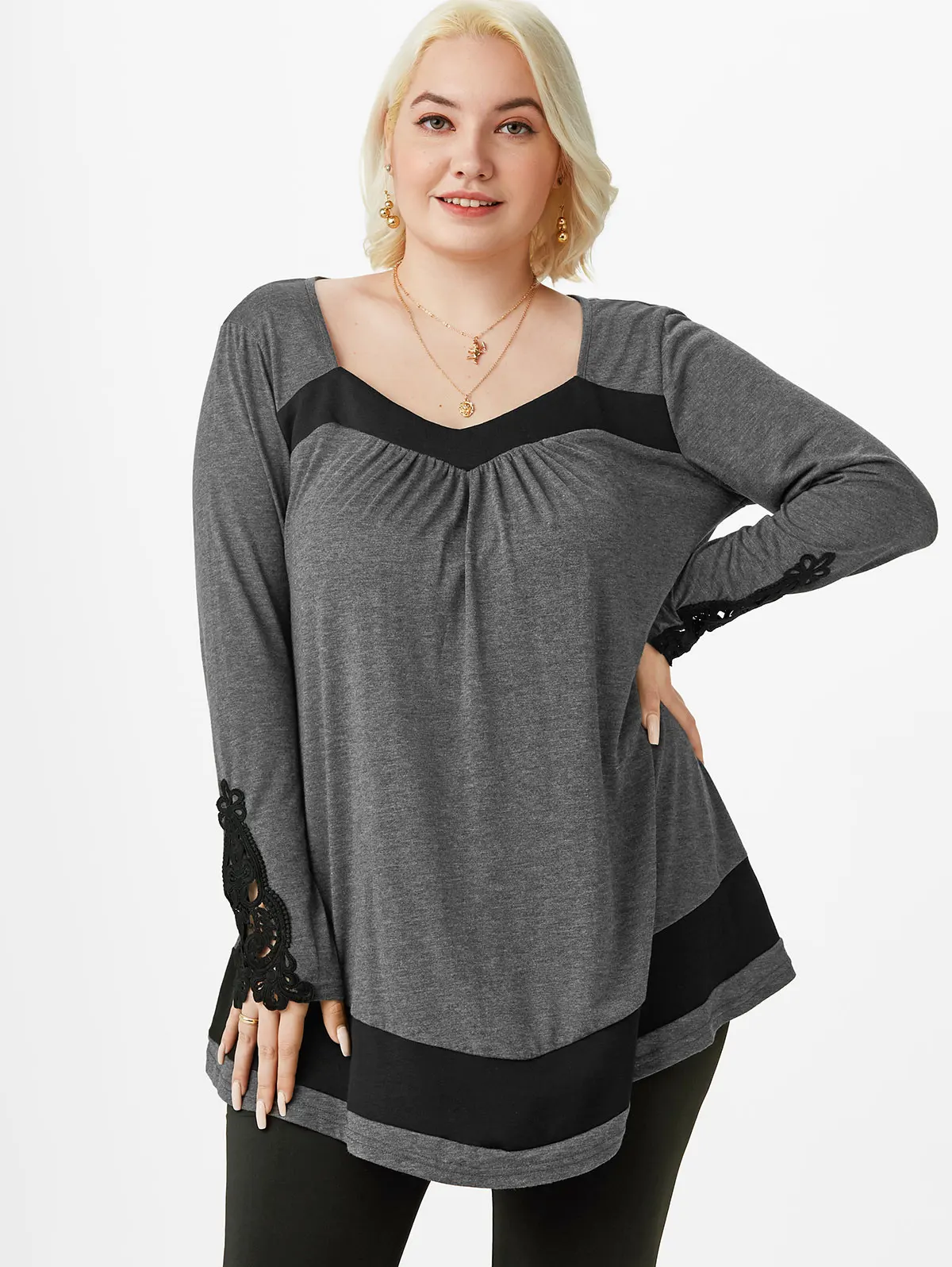 

Женская Асимметричная футболка ROSEGAL, кружевная вязаная крючком Футболка с цветными блоками, с длинным рукавом, Повседневная Блузка, топы 5XL