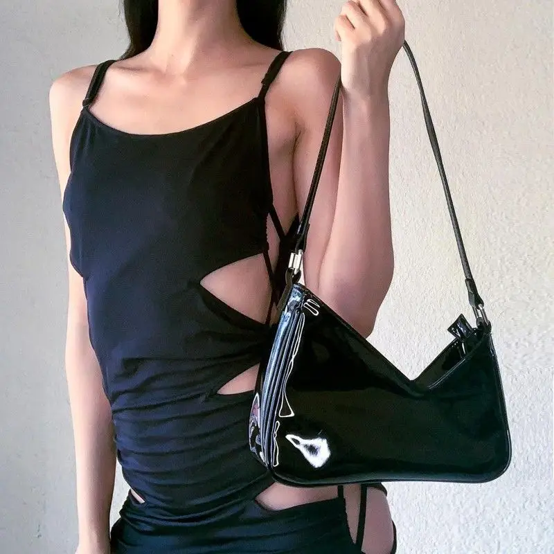 

Xiuya Vintage Shoulder Bag Women Fashion Trendy Asymmetric Underarm Bag 2021 Korea Solid Patent Leather Ladies Handbag