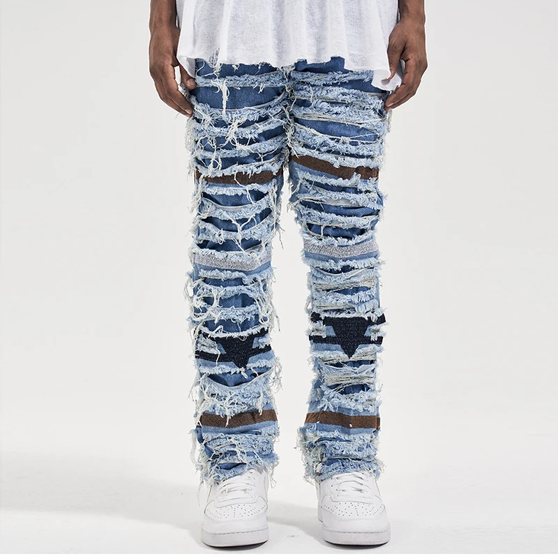 

Рваные потертые повседневные мужские джинсы SMVP в стиле ретро, прямые потертые джинсовые брюки с дырками, уличная одежда, мешковатые потертые джинсы