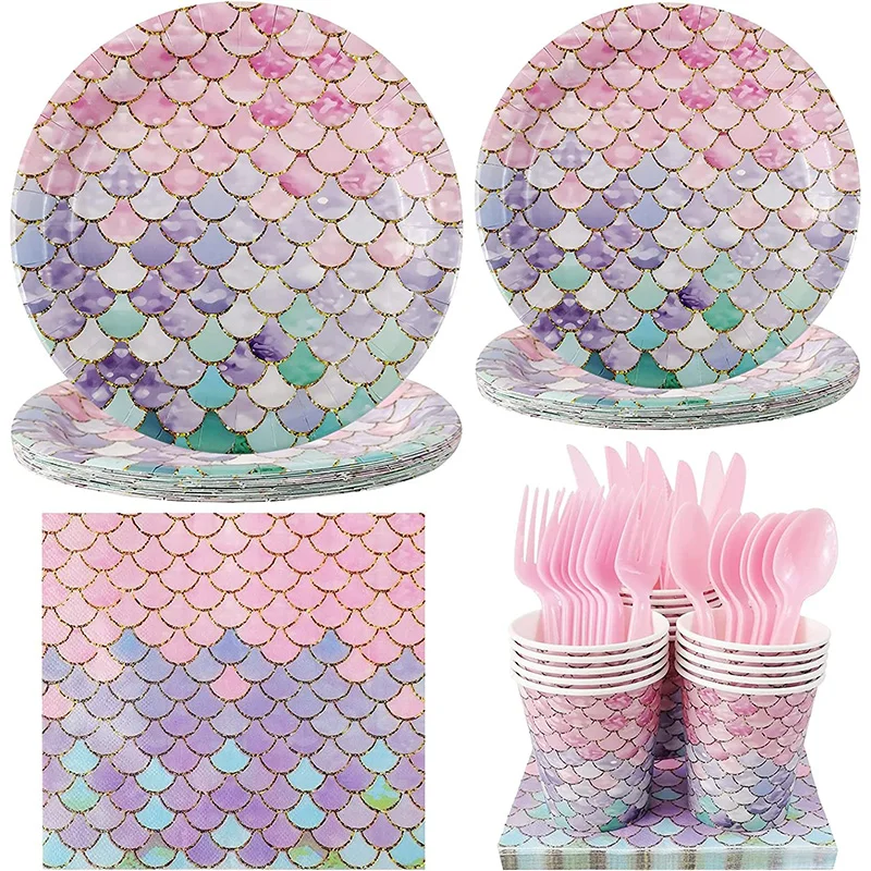 

53/86Pcs Little Mermaid Party Disposable Tableware Paper Plate Cup Napkin Tablecloth Kids Mermaid Birthday Decoration Supplies
