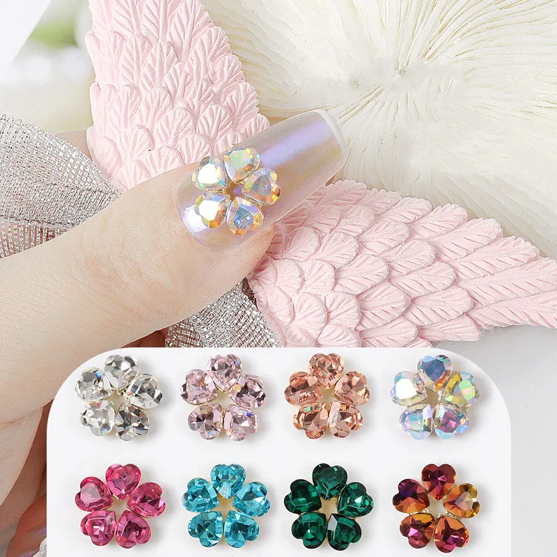 50pcs, Nail Five Petals Flower(Heart Crystal) Charm 13*13Mm Bright AB Side Piles Diamond Rhinestones Nails Tips Decoration Parts